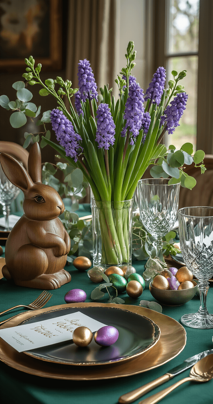 A sophisticated Easter table setting featuring a deep emerald green tablecloth, tall clear glass vases with purple hyacinths and eucalyptus, metallic gold-rimmed plates, matte black flatware, blown eggs with gold calligraphy name cards, scattered foil-wrapped chocolate eggs, a wooden bunny sculpture, and soft dramatic side lighting.