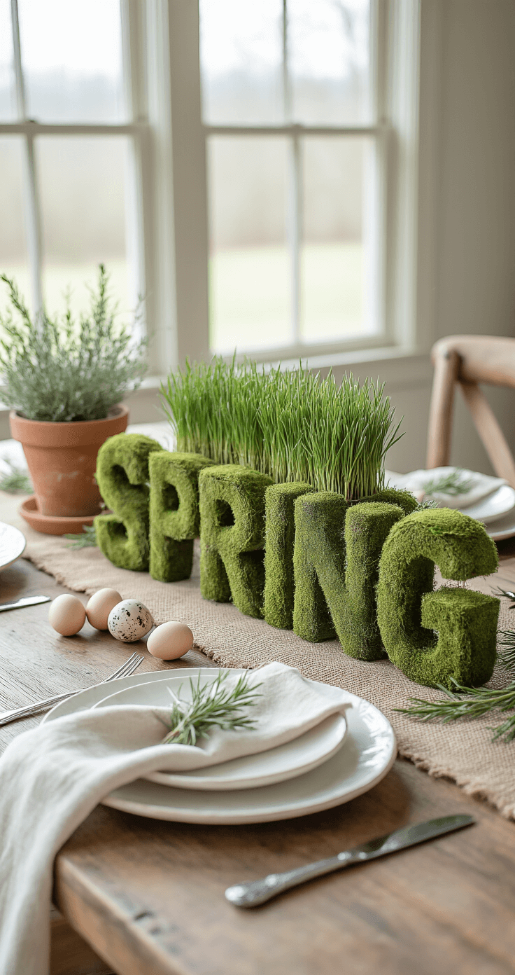 A rustic Easter table setting on a raw wooden farm table featuring a neutral cream and sage color palette, with a moss-covered 'SPRING' centerpiece, rosemary sprig place card holders, terra cotta pots of wheatgrass, white ceramic plates, natural linen napkins, scattered quail eggs, and dried lavender, all illuminated by soft diffused natural light.
