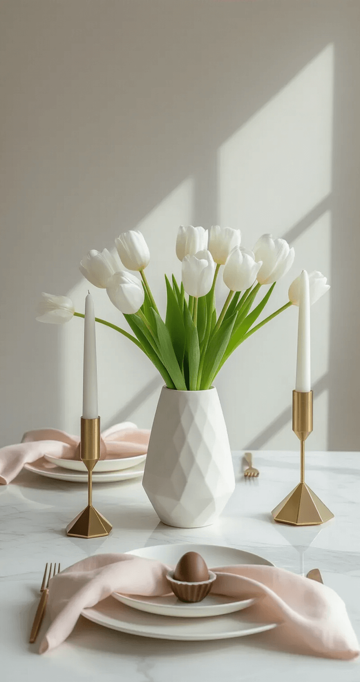 Modern minimalist Easter table featuring a white marble surface, a single arrangement of white tulips in an asymmetrical ceramic vase, geometric brass candleholders, pure white porcelain plates with textural details, pale blush pink napkins, and individual chocolate eggs, all illuminated by soft indirect lighting that enhances negative space and precise styling from an overhead perspective.