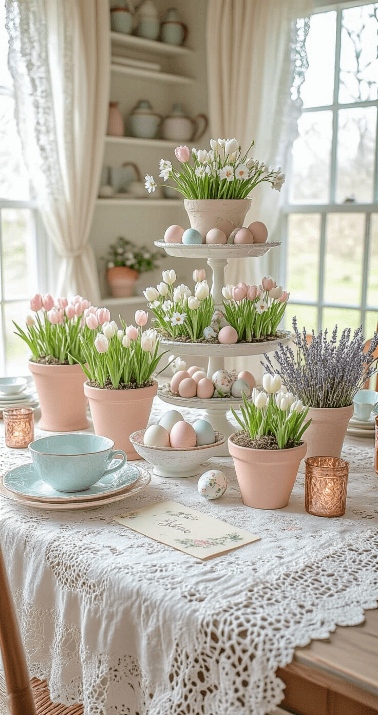 A beautifully styled Easter table featuring a vintage lace tablecloth, pastel painted pots with spring bulbs, mismatched china in soft blue and pink, hand-painted eggs on a tiered stand, pressed flower name cards, copper tea light holders, and fresh lavender, all illuminated by morning light through lace curtains.