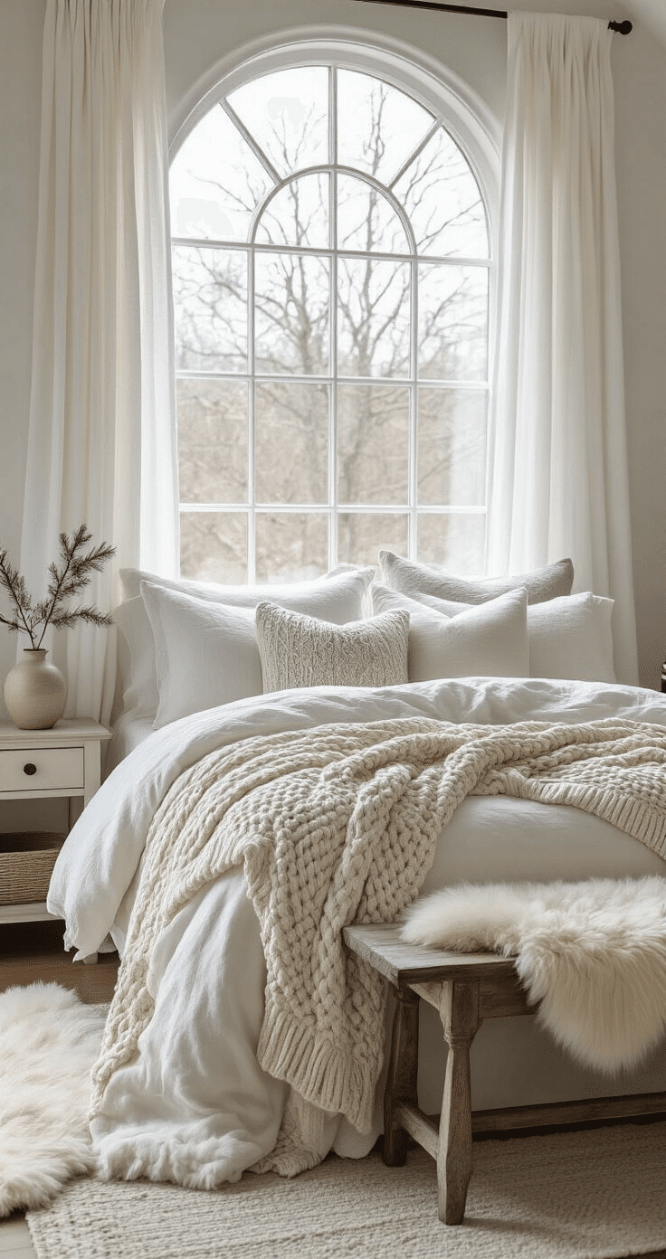 Cozy bedroom sanctuary with winter whites and soft grays, featuring a plush linen duvet, textured pillows, and a large arched window with sheer curtains, revealing bare winter branches. A sheepskin rug on a vintage bench, and ambient lighting create a warm, tranquil atmosphere.