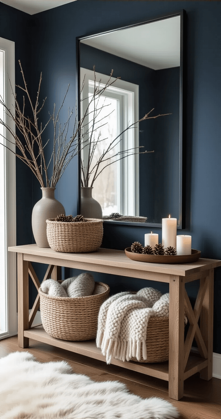 A rustic-modern entryway featuring a natural wood console table styled with a woven basket of chunky knit blankets, an oversized black-framed mirror reflecting soft winter light, and bare branches in a tall ceramic vase. A vintage leather tray holds pinecones and asymmetrically grouped white candles, set against soft navy blue walls and a hardwood floor with a sheepskin rug, all illuminated by soft, diffused lighting.