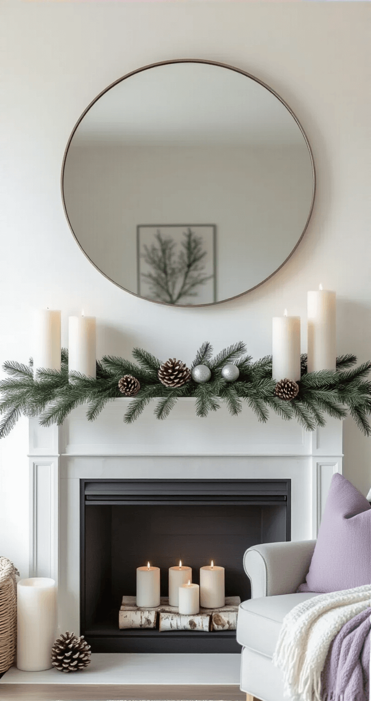 Minimalist fireplace mantel decorated with varying height frosted white and silver pillar candles, sparse evergreen garland with pinecones and birch log sections, a large round mirror reflecting soft winter light, and pale lavender and sage throw pillows nearby, all softly illuminated by battery-operated candles.