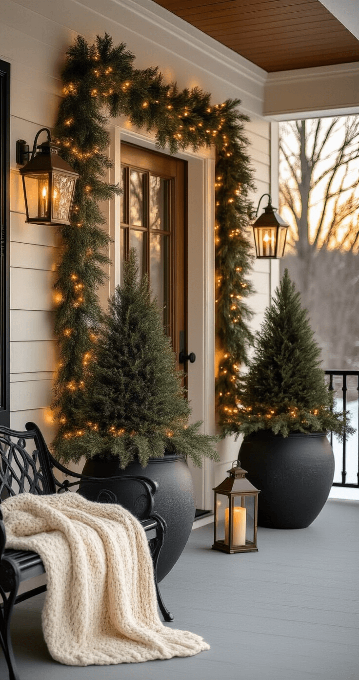 A beautifully styled winter porch at golden hour, featuring two 7-foot Italian spruce trees in charcoal ceramic planters beside a classic wooden door, adorned with woven Edison string lights and evergreen garlands on wrought iron railings. A chunky cream knit throw drapes over a vintage black metal bench, with bronze lanterns holding candles nestled in greenery, all set against a backdrop of soft snowfall and warm golden light filtering through bare branches.