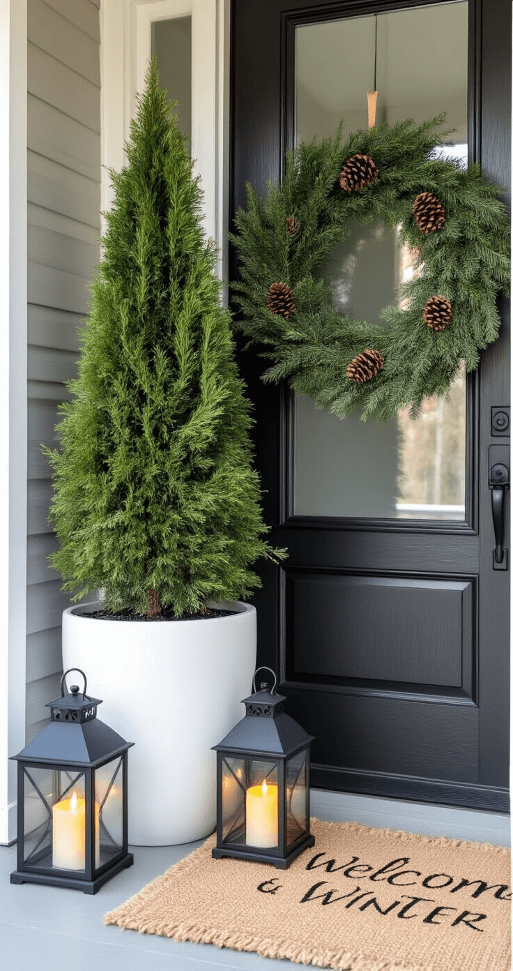 Intimate winter porch scene featuring a potted cypress tree in a white ceramic planter by the door, an evergreen wreath with pinecone accents on a dark wooden door, and asymmetrically placed matte black lanterns with flickering candles, all set on a jute welcome mat with winter typography, bathed in soft natural morning light and a soft gray and white color palette with hints of forest green.