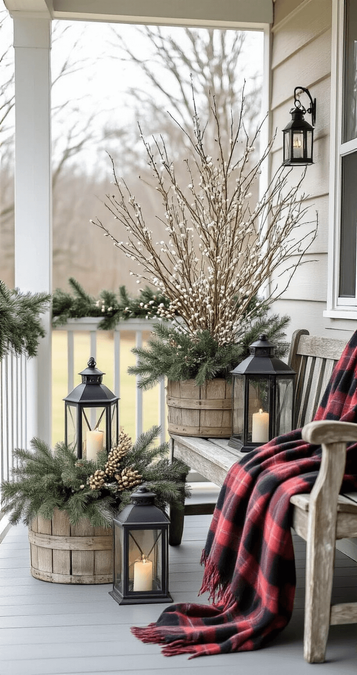 A rustic winter porch arrangement featuring mismatched lanterns in black, bronze, and white, hung from vintage iron hooks and arranged on the floor. White and gold spray-painted branches in weathered wooden planters, a plaid wool throw draped over a distressed wooden bench, and evergreen garland with white berry sprays on the railing. Soft illumination from low pathway lights under overcast winter light, showcasing layered textures and depth.