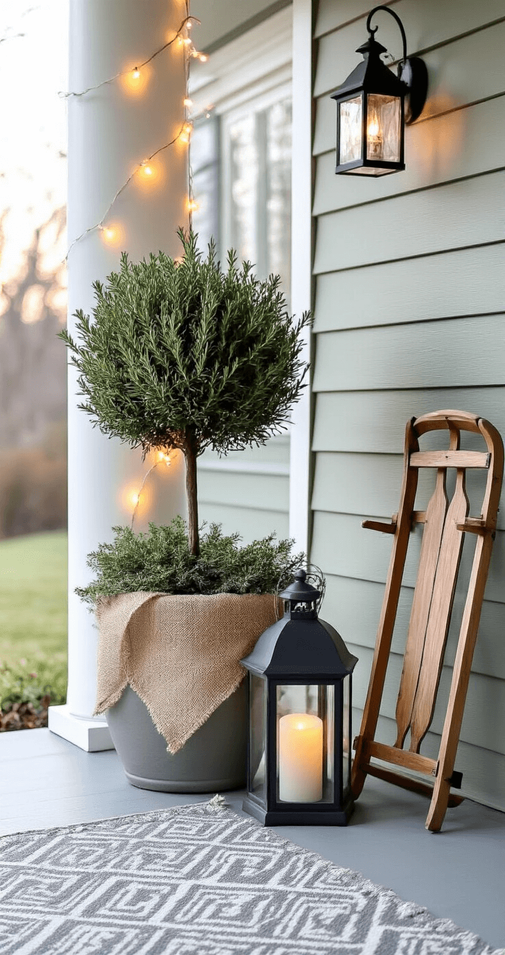 An elegantly styled small porch in winter, featuring a large potted rosemary topiary near the entrance, warm white string lights adorning the porch column, a vintage wooden sled against the wall, an oversized black lantern with a battery candle as a focal point, burlap ribbon on the planter, and a soft gray rug, all under twilight lighting in muted shades of sage green, charcoal, and soft whites.