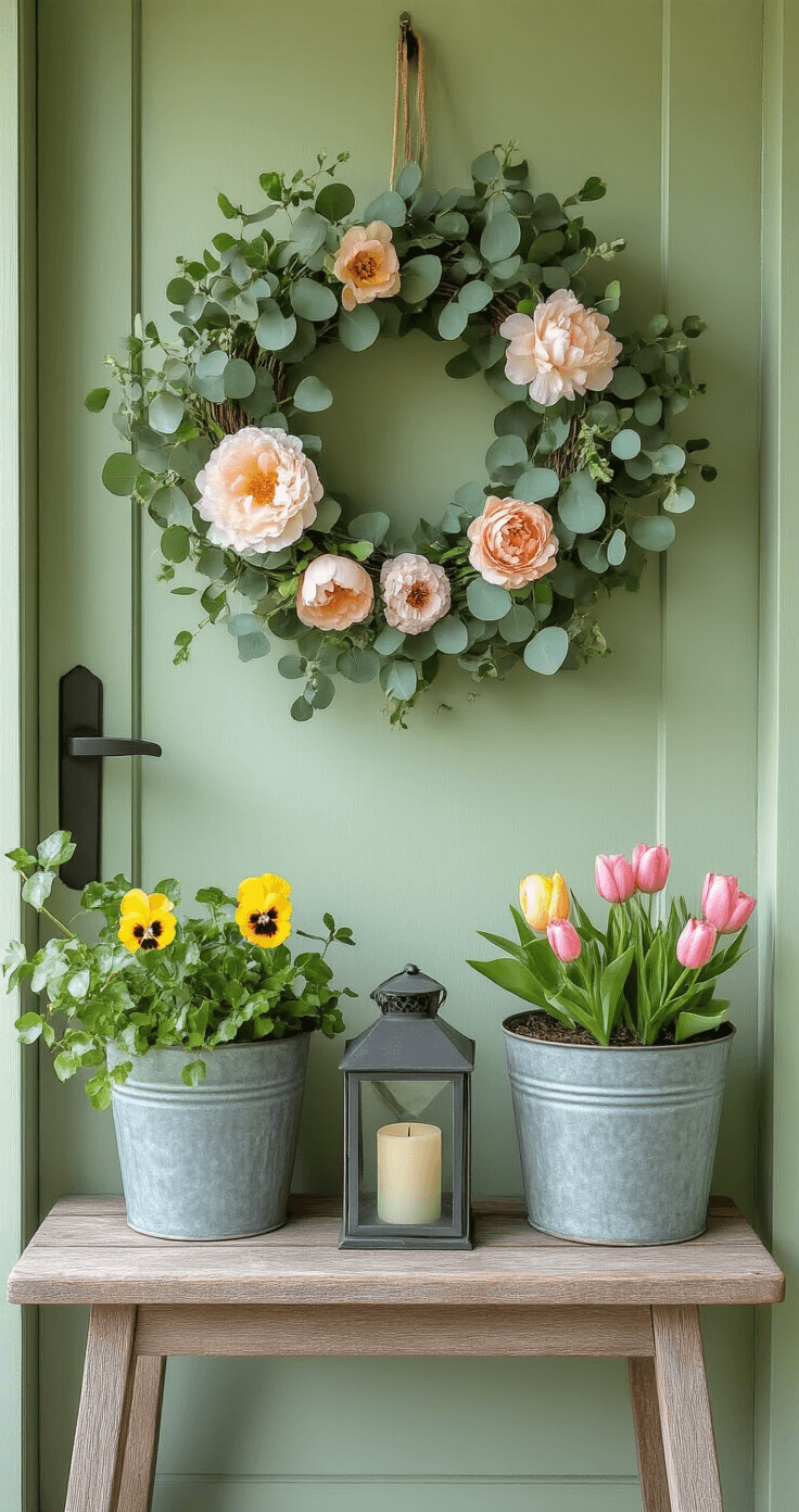 Close-up of a small urban porch featuring a soft sage green door adorned with an asymmetrical spring wreath of eucalyptus, peony, and tulip. Mismatched vintage metal planters hold trailing ivy and potted pansies, alongside a weathered wooden stool with a single lantern. The composition showcases a neutral color scheme with pops of blush and yellow, illuminated by soft diffused morning light from the left, highlighting handcrafted details and organic textures.