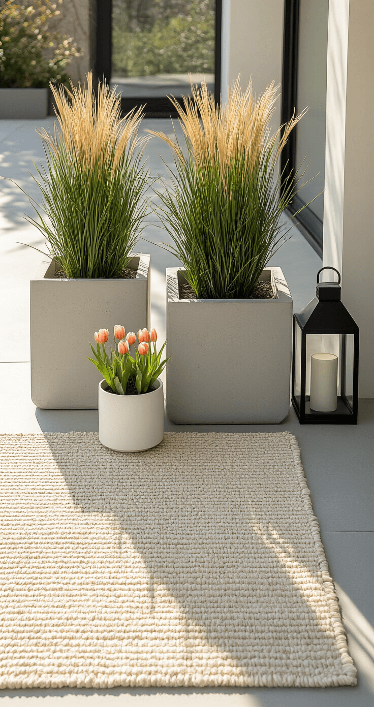Overhead view of a modern minimalist porch featuring geometric concrete planters with ornamental grasses, white ceramic pots with tulips, layered natural fiber rugs, black metal lanterns, and mid-century modern elements, all bathed in crisp morning light.