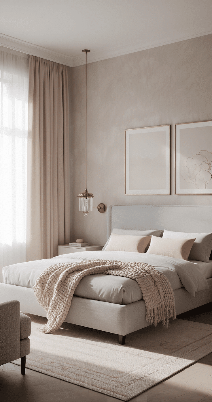 Cinematographic image of a modern grey bedroom with blush pink accents, featuring a light grey upholstered bed, large windows with sheer curtains, and natural morning light. A wool throw is draped on the bed, complemented by a plush area rug, brass bedside lamps, a bouclé accent chair, and minimal muted artwork, all captured at a 45-degree angle to highlight the room's depth and textures.