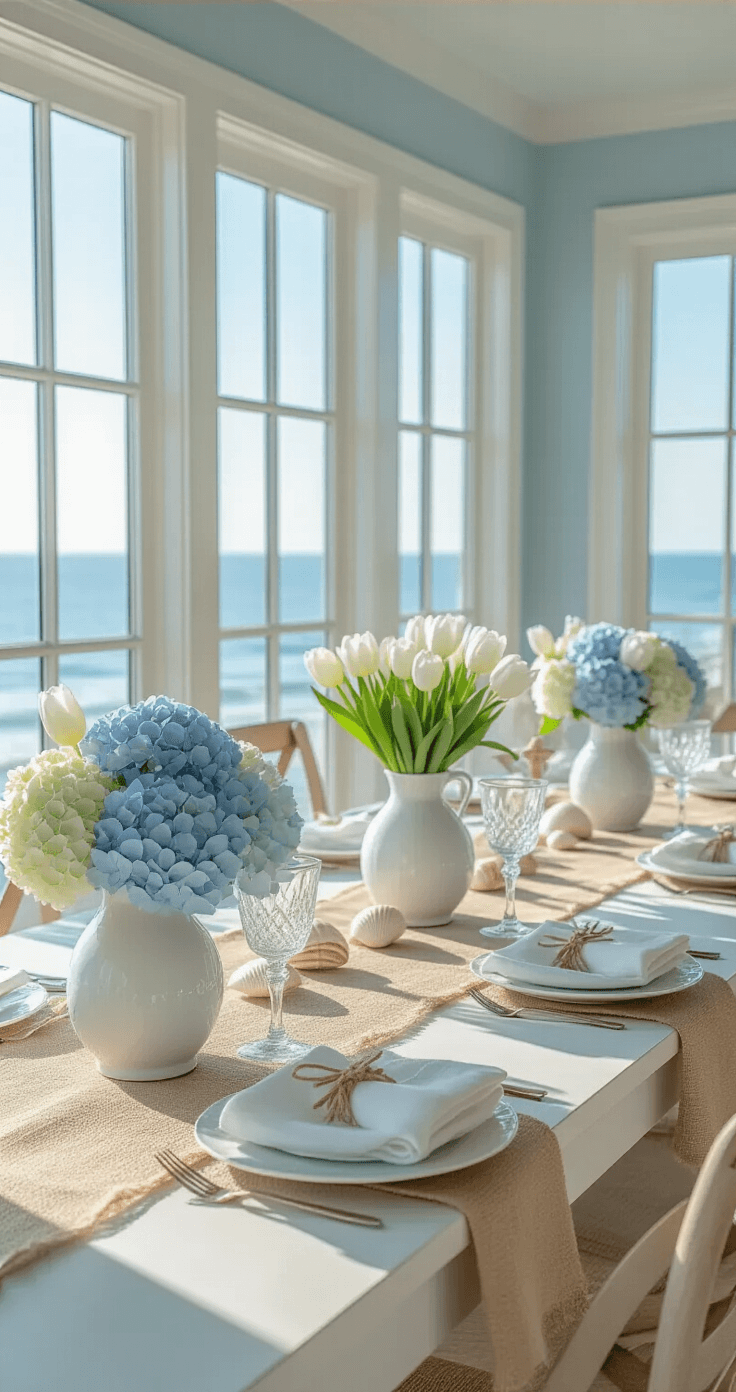 Elegant coastal-inspired dining area featuring a long table adorned with a burlap runner, crystal candlesticks, and seashells in glass holders, complemented by white ceramic vases with pale blue hydrangeas and white tulips, all bathed in natural light from large ocean-view windows.