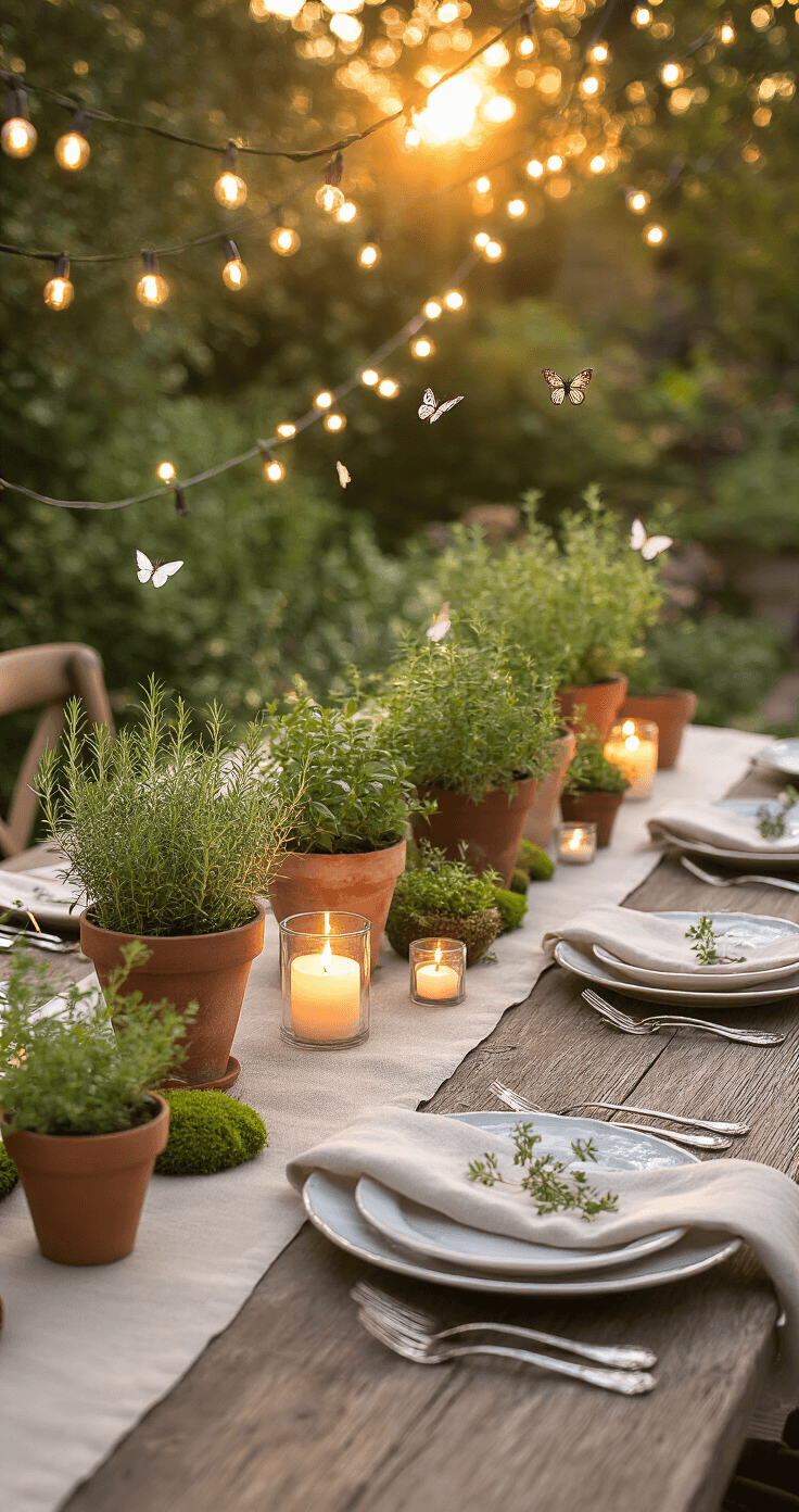 An enchanting outdoor dining scene at golden hour features a wooden farmhouse table adorned with a moss-accented linen runner, miniature fairy garden elements, delicate LED candles, and potted herbs. String lights overhead create a magical ambiance, while vintage mismatched silverware is neatly rolled in soft linen. The wide angle captures a whimsical atmosphere enhanced by soft lens flare and warm golden lighting.