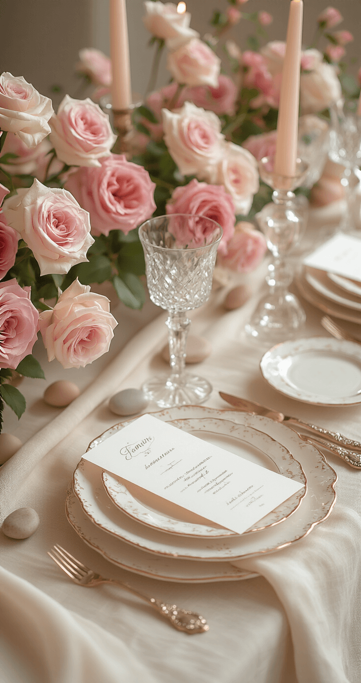 A romantic dining setup featuring a cream linen tablecloth adorned with delicate gold-rimmed china, crystal candlesticks, and full-bloom roses in varying shades of pink. Overhead view showcasing elegant place settings, hand-written place cards, and a soft focus on floral elements, creating an ethereal atmosphere.