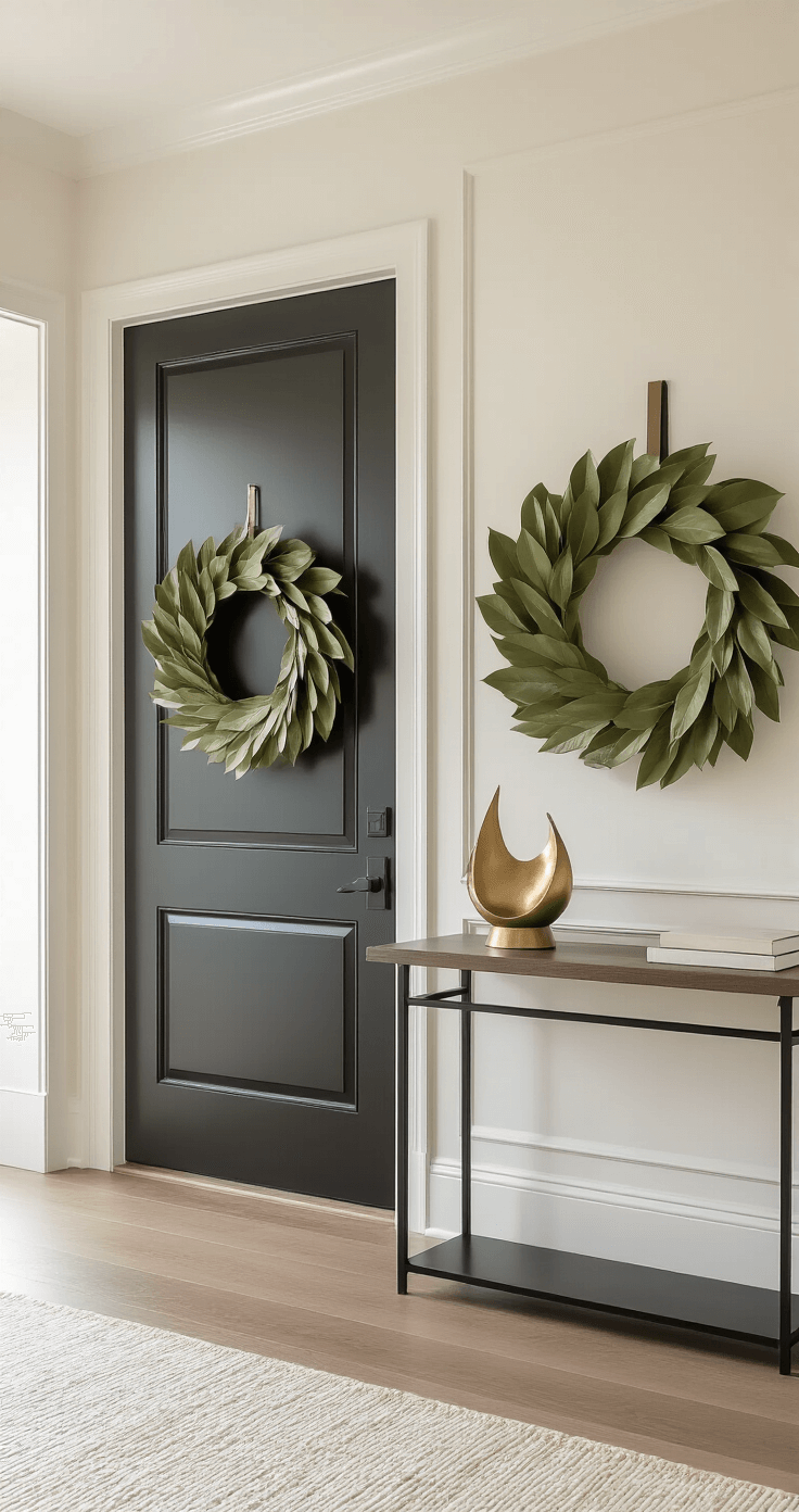 Elegant entryway featuring a deep charcoal front door adorned with a magnolia leaf wreath, polished matte black hardware, and a minimalist console table, all set against natural oak floors and bathed in soft diffused light, showcasing a sophisticated autumn palette of cream, sage green, and wood tones.