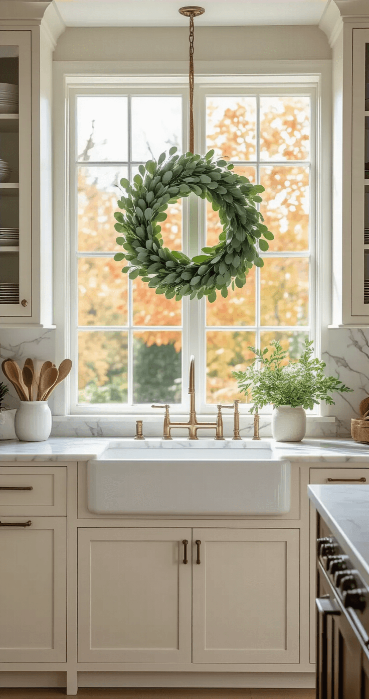 Luxurious kitchen interior with a delicate eucalyptus wreath in a window, overlooking an autumn garden; featuring marble countertops, stainless steel appliances, and white oak cabinetry, all enhanced by soft natural light and a neutral color palette with rust and bronze accents.