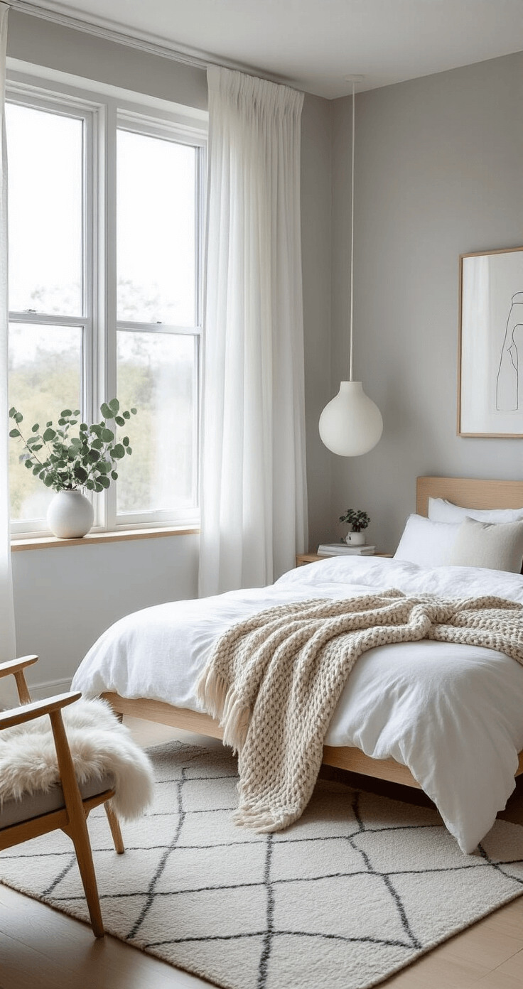 A Scandinavian-inspired grey bedroom featuring a minimalist platform bed with white linens and a dove grey knitted blanket, large windows with sheer white curtains, a mid-century modern chair with a sheepskin throw, and a geometric wool rug in pale grey, complemented by a sculptural ceramic lamp and simple line drawings as wall art, all showcased in a wide-angle shot that emphasizes the room's airy openness and serene color palette.