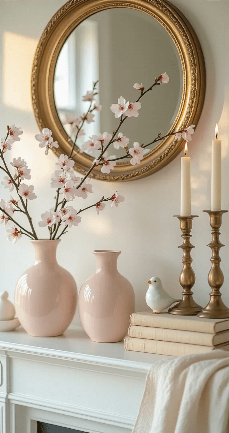 A soft spring mantel scene featuring blush pink ceramic vases with cherry blossoms, antique brass candlesticks, a gilt-edged mirror, stacked vintage books, and sage green accents, all bathed in warm golden hour light.