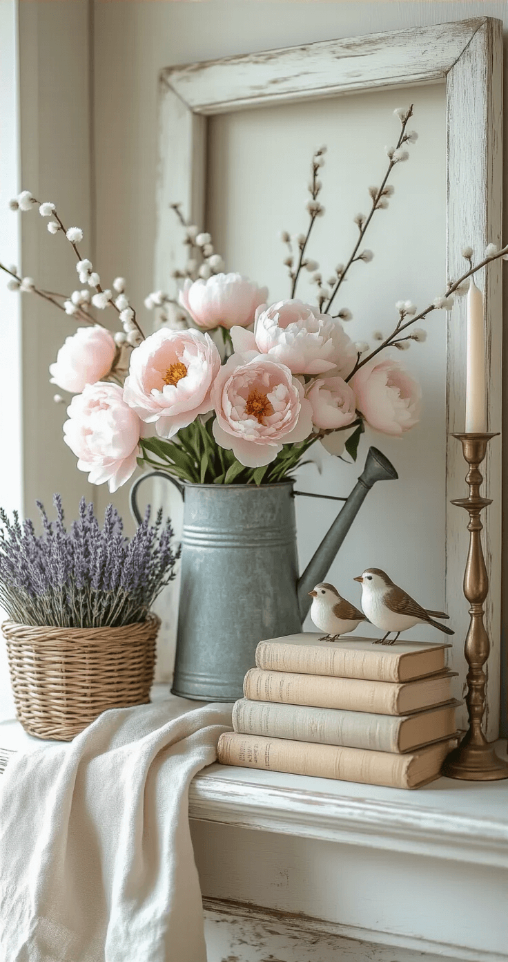 A cozy spring mantel featuring a weathered white wooden frame, an antique watering can with pink peonies, pussy willow branches, layered vintage books, small bird figurines, a woven basket of dried lavender, and varied-height brass candlesticks, all bathed in soft morning light for a romantic atmosphere.