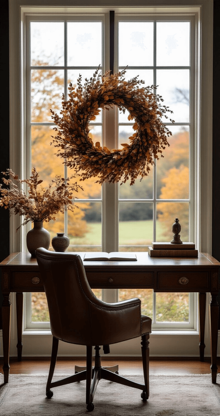 A refined home office featuring a fall wreath above an antique brass-framed mirror, with a rich walnut desk, modern leather chair, and floor-to-ceiling windows showing an autumn landscape, all bathed in soft afternoon light. The color palette includes charcoal, mauve, and soft sage, while sophisticated design objects are placed thoughtfully throughout the space.