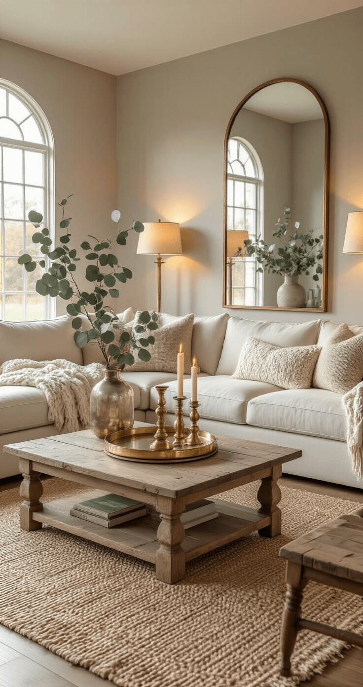 A cozy living room filled with golden afternoon light, featuring an ivory sectional sofa with knit throws, brass candlesticks on a wooden coffee table, eucalyptus in a ceramic vase, and warm lighting from floor lamps, set against soft gray walls and a woven jute rug.