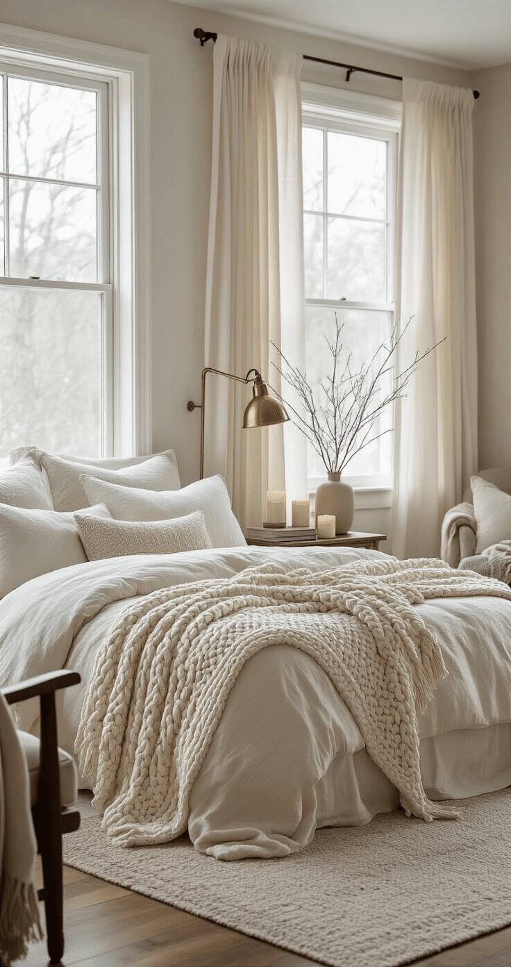 An intimate bedroom sanctuary with cream and gray bedding, a chunky cable knit throw, large windows with sheer curtains, a vintage brass lamp, and a cozy armchair, all bathed in soft winter light.