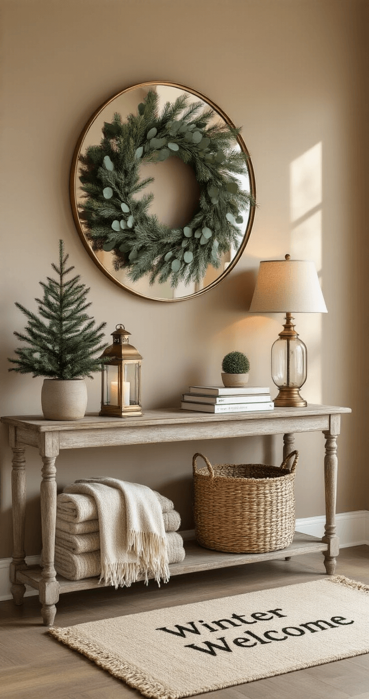 A cozy entryway featuring a minimalist winter wreath of eucalyptus and pine on a taupe wall, a vintage brass lantern on a wooden console table with coffee table books and a small evergreen, a round mirror with an aged gold frame reflecting light, a woven basket of throw blankets, and a textured doormat, all illuminated by natural light and soft shadows.