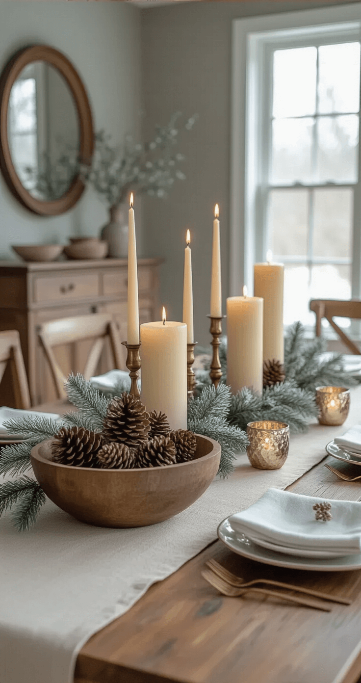 A dining room tablescape featuring a long wooden runner, asymmetrically arranged brass and cream pillar candles, white winter branches, small mercury glass votives, and a large bowl of pinecones and dried botanicals, against soft gray walls and a vintage buffet with a mirror reflecting warm lighting, all illuminated by soft, natural light from large windows.