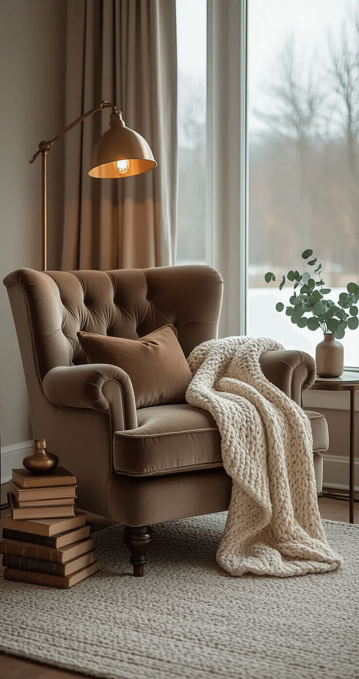 Cozy reading nook with a deep velvet armchair in mushroom tone, a cream knitted throw, vintage books, a warm-lit floor lamp, small side table with brass candlestick and eucalyptus vase, soft gray area rug, and a large window revealing a muted winter landscape.