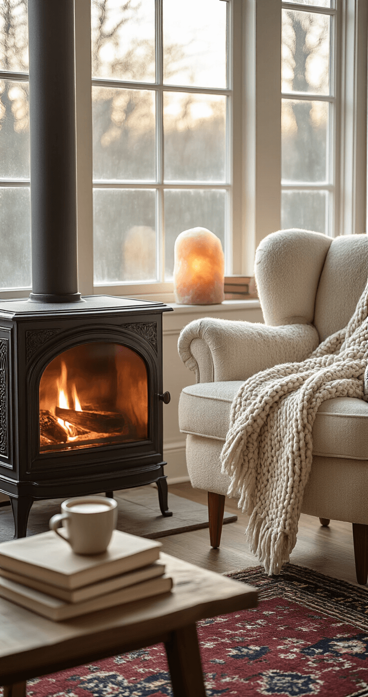 A cozy living room bathed in warm, golden winter light, featuring a plush cream bouclé armchair near a modern cast iron fireplace, a Himalayan salt lamp on a reclaimed wood side table, a vintage wool area rug, scattered ceramic mugs with hot chocolate, and leather-bound books, all captured in soft focus.