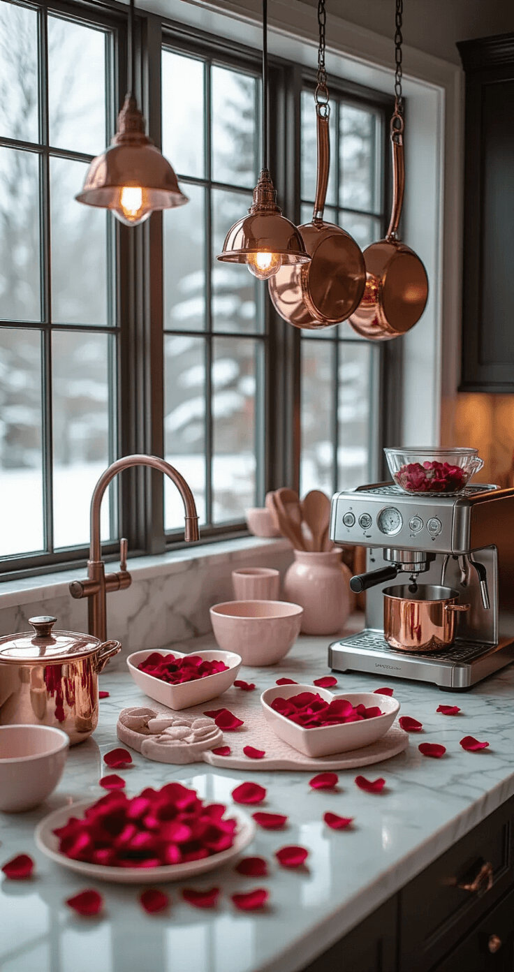 A contemporary kitchen decorated for Valentine's Day with marble countertops adorned with rose petals, copper cookware, and heart-shaped ceramic dishes, featuring large windows overlooking a snowy landscape. The scene is illuminated by soft pendant lighting, highlighting a sleek espresso machine and a warm neutral color palette with accents of romantic red and blush tones. An overhead shot captures the intricate preparation details.