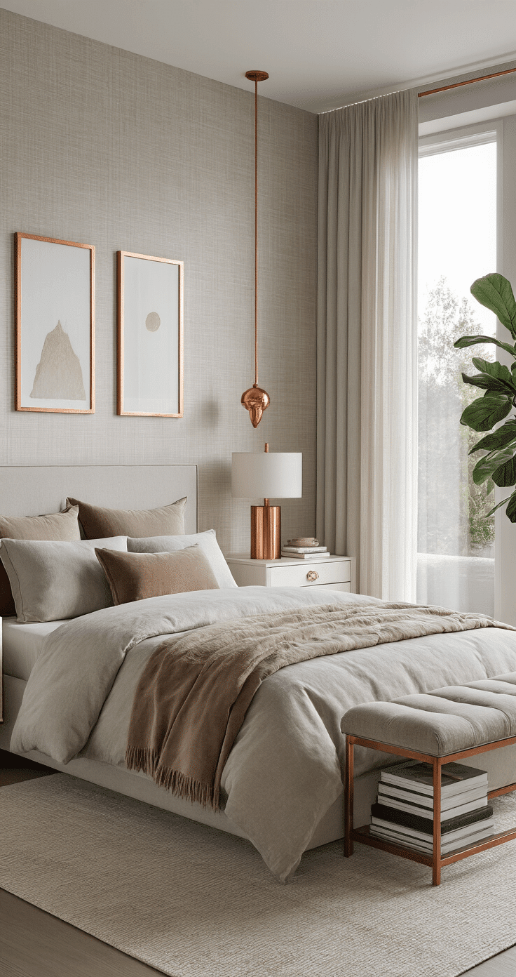 A contemporary grey bedroom featuring warm metallic accents and soft brown undertones, with light grey grasscloth wallpaper, a greige upholstered bed with textured layered bedding, large windows with sheer curtains, and mid-century modern furniture, all bathed in soft morning light.
