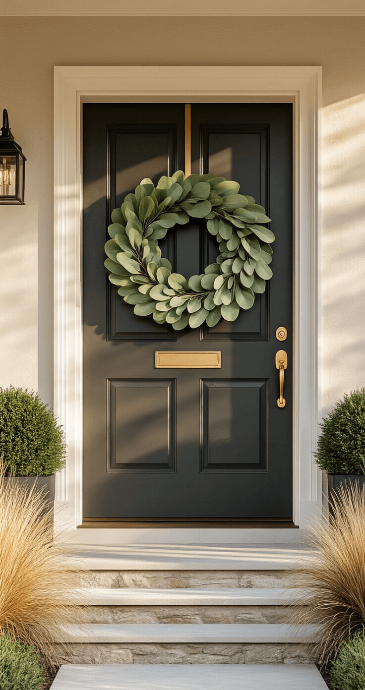 Dramatic front porch featuring a deep charcoal door adorned with an oversized eucalyptus and magnolia leaf wreath, complemented by a brushed brass door knocker. Natural stone steps lead to minimal landscaping with sculptural ornamental grasses, all bathed in golden hour lighting that enhances shadows and the wreath's textures. The scene showcases a neutral color palette of cream, olive green, and wood tones, emphasizing architectural details and seasonal simplicity.