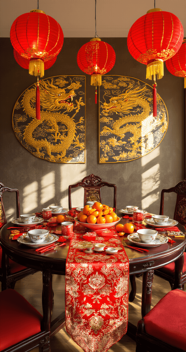 Vibrant home interior for Chinese New Year featuring red paper lanterns, gold dragon artwork, a round dining table with ceremonial dishes, red envelopes, and oranges, all highlighted by warm ambient lighting.