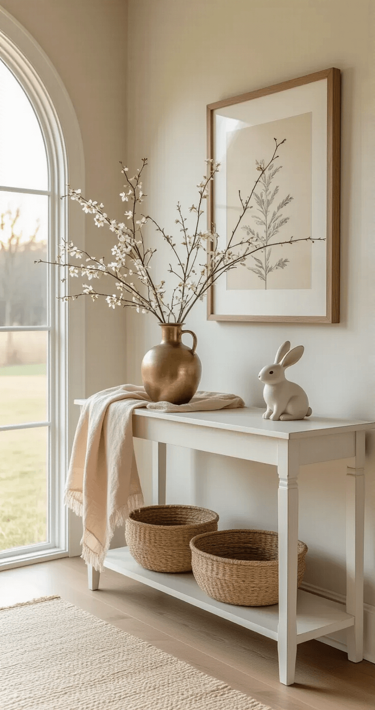 A softly lit modern farmhouse entryway featuring a minimalist white console table with a vintage brass vase of forsythia branches, a pale blush linen runner, a neutral ceramic bunny figurine, and a woven basket. Natural light streams through a large arched window, casting gentle shadows on hardwood floors, with a botanical print in a wooden frame hanging on the wall.