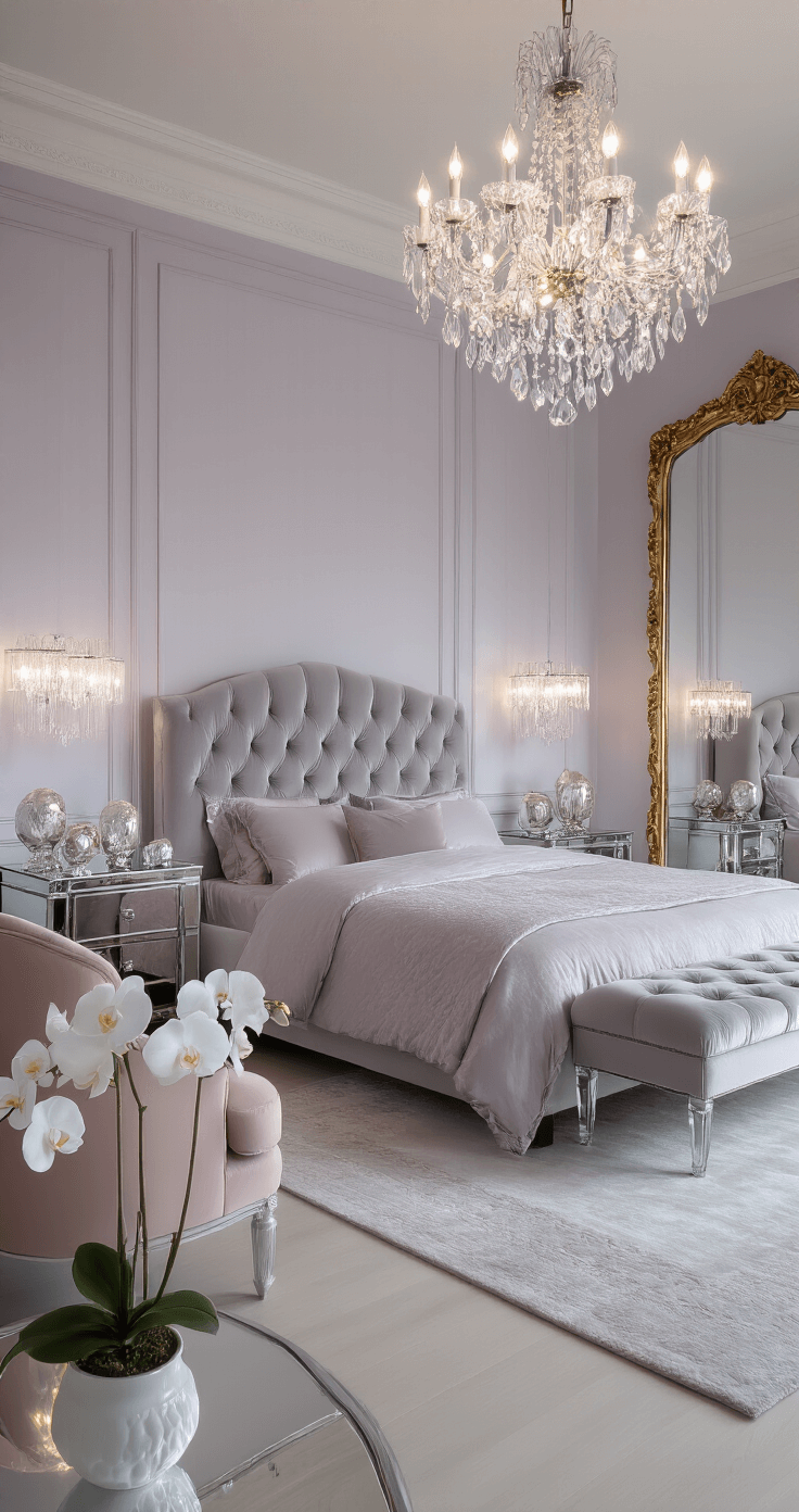 Luxurious grey bedroom featuring a dove grey velvet upholstered bed, crystal chandelier, mirrored nightstands, and blush pink accent chair, all adorned with soft lavender undertones and plush textures, creating an ethereal atmosphere with reflective surfaces and delicate decorative elements.