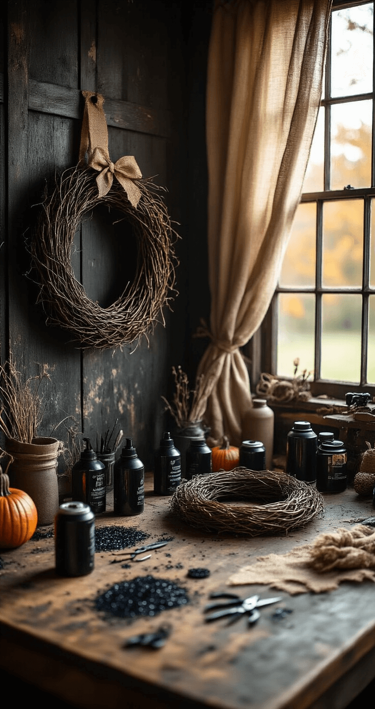 Ultra-detailed overhead view of a sophisticated Halloween wreath workshop on a vintage wooden table, featuring scattered craft materials like black glitter, wire cutters, and grapevine wreath bases, illuminated by soft morning light filtering through linen curtains, with a color palette of deep charcoal, burnt sienna, and muted gold, highlighting rich textures and crafting atmosphere.