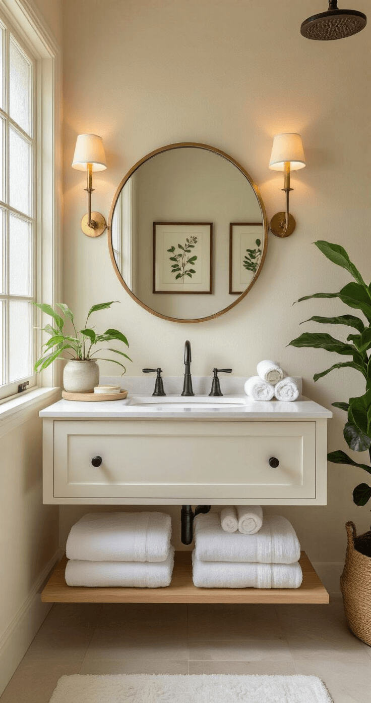 Ultra-luxurious guest bathroom featuring a round brass-framed mirror above a slim white vanity, matte black hardware, warm white walls with vintage botanical prints, rolled white towels on wooden shelves, a high-end rainfall showerhead, a pothos plant, and warm amber sconce lighting, captured at a 45-degree angle with soft focus on the mirror reflection.
