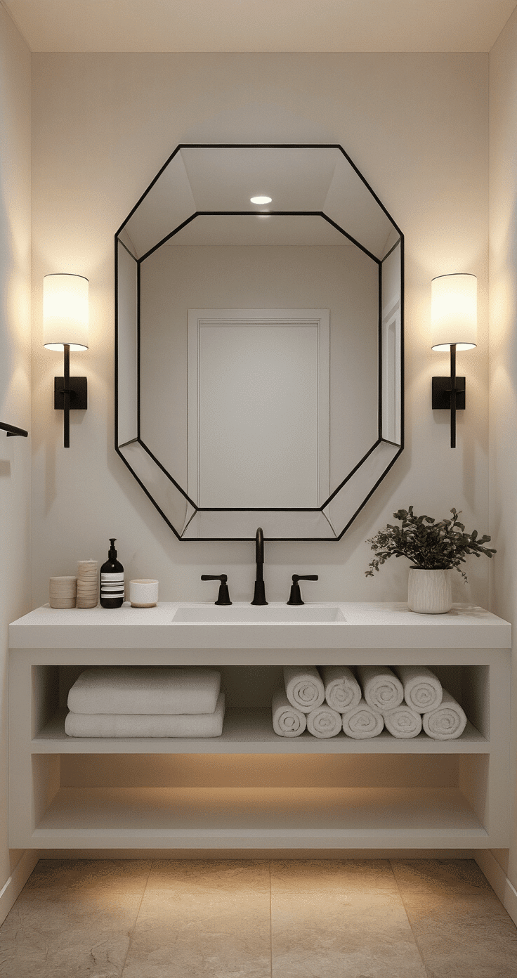 Modern minimalist guest bathroom featuring a large geometric hexagonal mirror, dimmable sconces, matte black fixtures, and warm white walls. Open shelving displays neatly rolled white towels and greenery. Includes a motion-activated nightlight, sleek over-toilet storage, and natural stone tile flooring, all contributing to a spa-like ambiance.