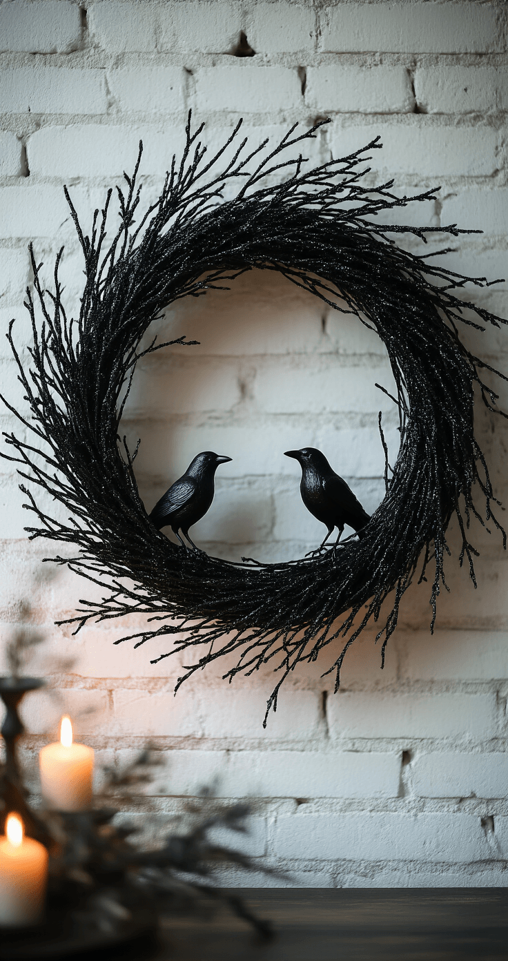 Moody interior scene featuring a black glitter twig wreath on a whitewashed brick wall, with subtle shadows from ambient evening lighting, adorned with black ravens and nearby flickering candlelight. Close-up view highlights the wreath's glittery texture and intricate wire placements against a warm, dark backdrop.