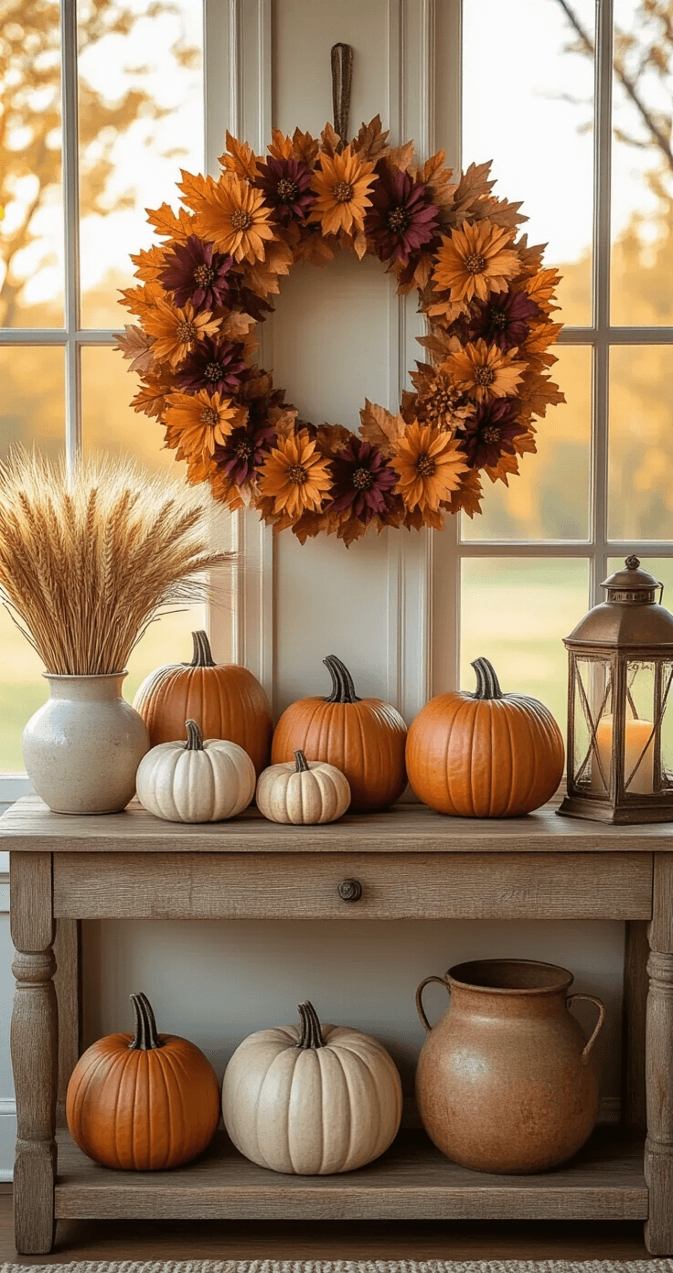 Warm autumn interior featuring a handcrafted pumpkin patch wreath on a rustic wood console table, with vintage ceramic pumpkins, dried wheat, and copper lanterns, bathed in golden late afternoon sunlight.