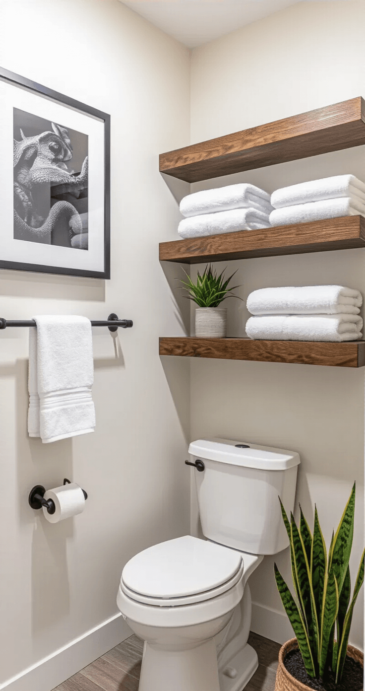 Compact guest bathroom with vertical wood storage above toilet, black and white photography, matte black towel warmer, folded white towels, snake plant, motion-sensor nightlight, and soft ambient lighting.