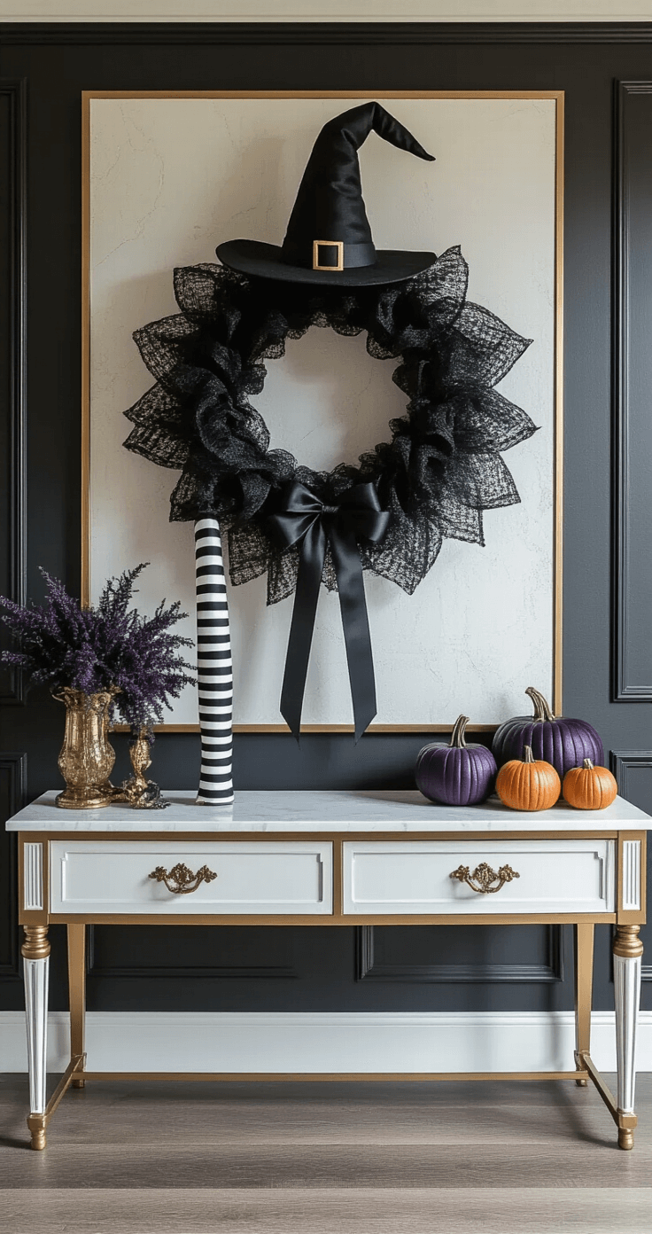 Elegant Halloween wreath displayed on a large white marble console table with brass accents in a modern entryway, featuring a witch-themed design against a textured charcoal wall, enhanced by soft ambient lighting that creates shadows, showcasing a color palette of black, white, metallic gold, and deep purple.