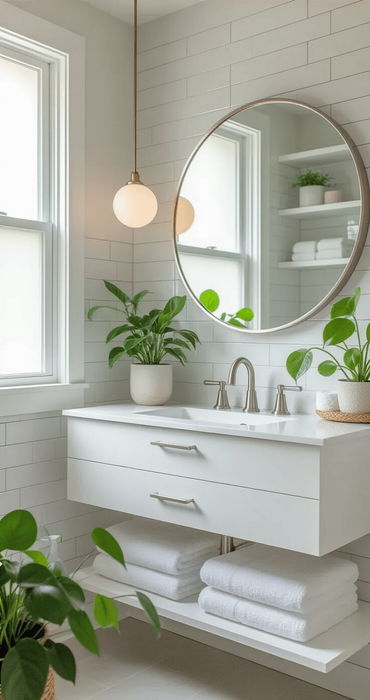 A bright, organized small white bathroom featuring a floating vanity with minimalist fixtures, pale gray subway tile, a large round mirror, and sparse open shelving with neatly rolled towels and a pothos plant, illuminated by soft natural light from a frosted window.