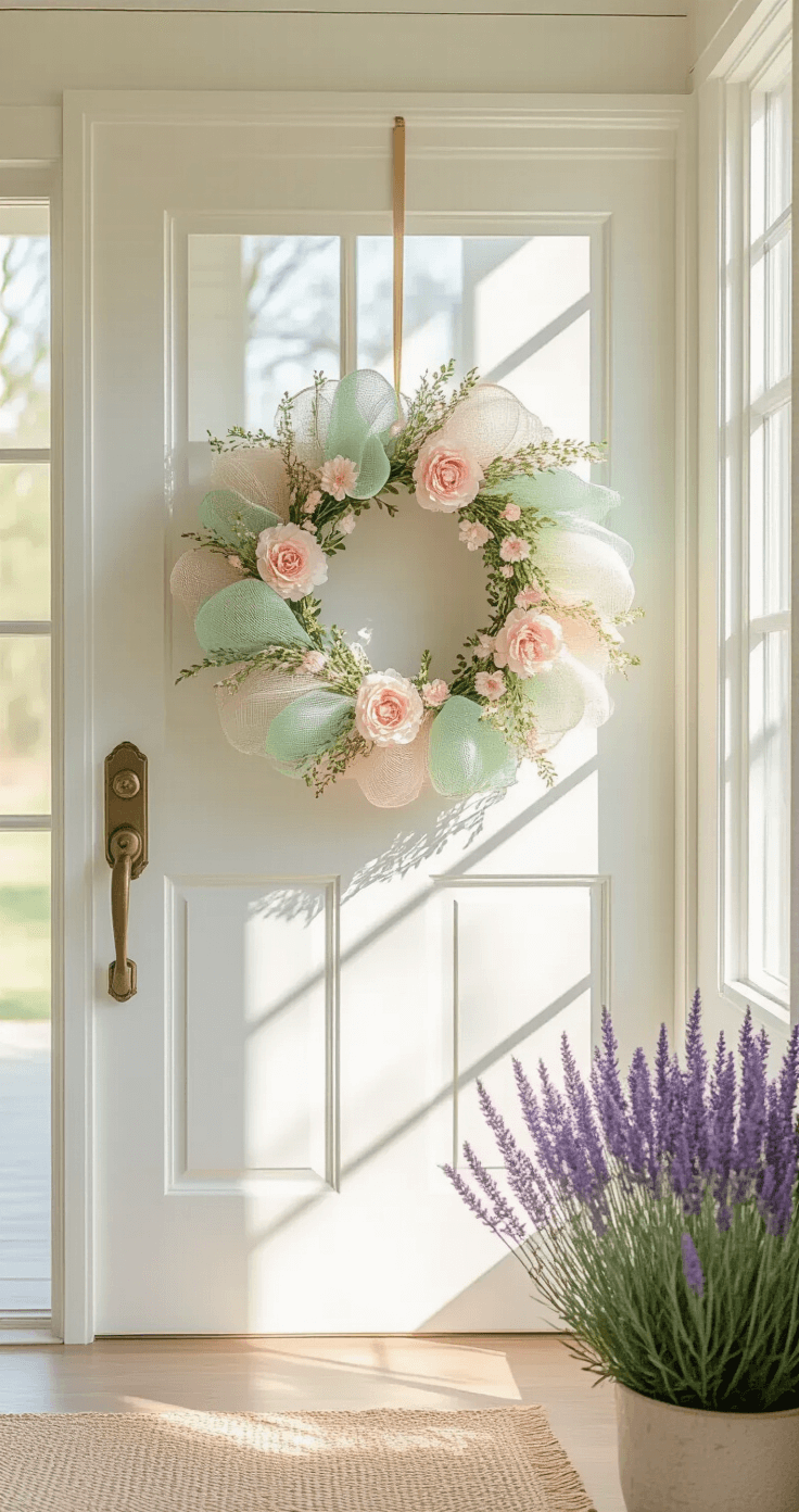 A sunlit modern farmhouse entryway featuring a pastel spring deco mesh wreath with blush pink, mint green, and ivory hues, hanging on a crisp white door against shiplap walls, with soft natural light casting gentle shadows and a potted lavender plant nearby.