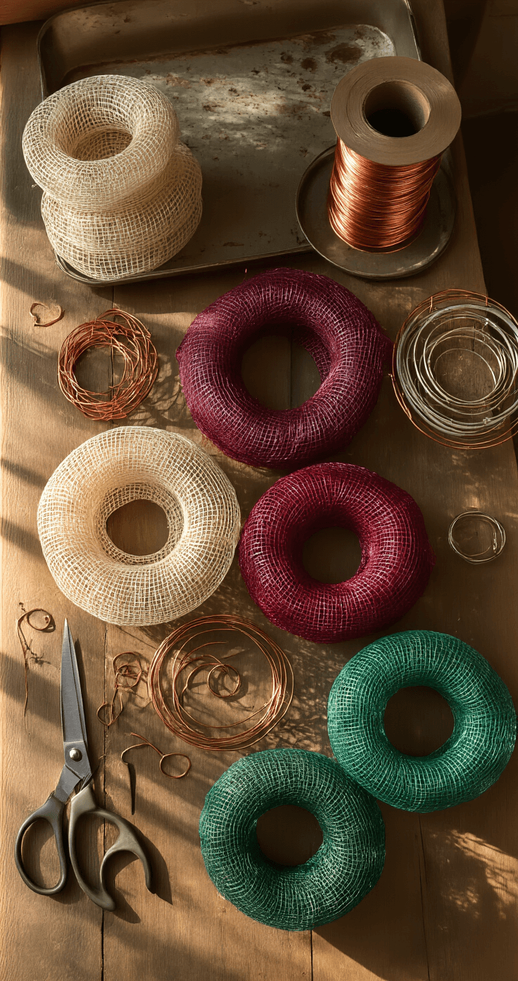 Dramatic overhead view of a meticulously arranged crafting workspace featuring deco mesh wreath supplies on a rustic wooden workbench, illuminated by warm afternoon light, with colorful mesh rolls, wire frames, and tools in a neutral and emerald green color palette.