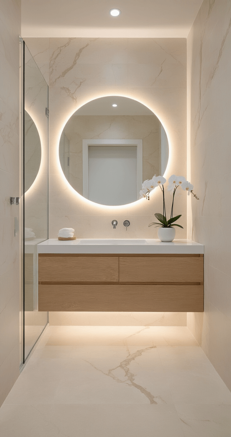 Modern minimalist bathroom featuring large format light porcelain tiles in warm cream, a floating wood vanity with integrated sink, clear glass shower enclosure with marble-like tiles, LED strip lighting for ambient glow, a wide round frameless mirror, and a single trailing orchid in a white ceramic pot, viewed from the doorway.