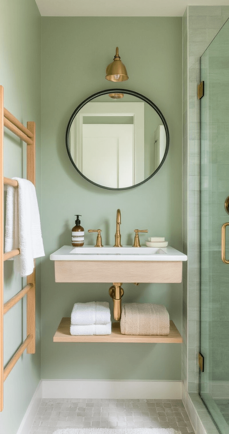 Compact bathroom featuring pale sage green walls, wall-mounted light wood ladder shelves, a pedestal sink with brass fixtures, an oversized round mirror with a thin black frame, and a glass shower. Textured white towels are draped artfully, with soft natural side lighting creating shadows that emphasize the vertical space.