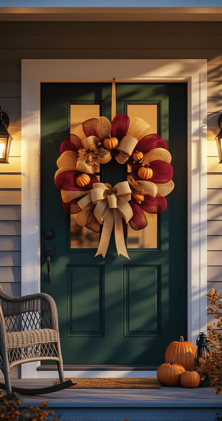 Exterior twilight scene of a charming cottage-style front porch with a fall-themed deco mesh wreath in rich burgundy and golden layers, accented with burlap ribbon and small decorative pumpkins, featuring a deep forest green door, wicker rocking chair, and a vintage lantern, all evoking a warm autumnal color palette.