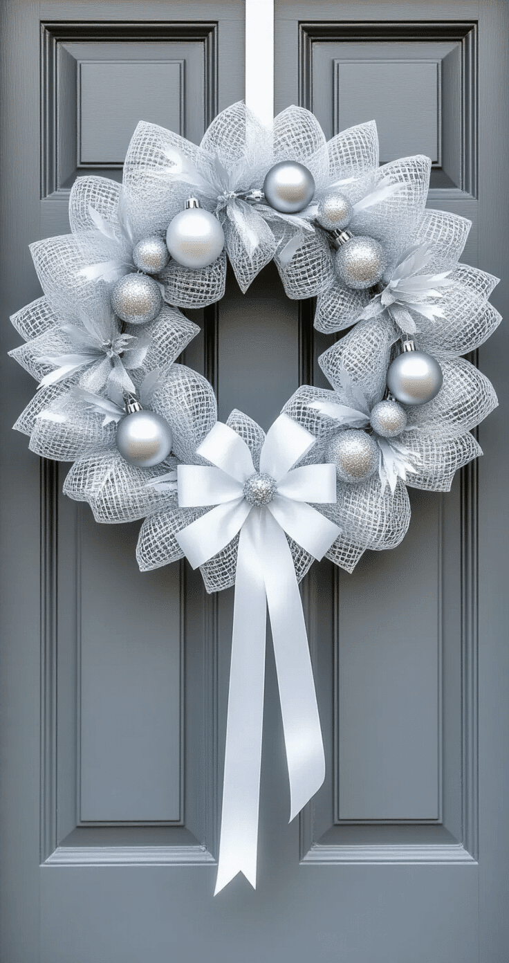 A modern metallic Christmas wreath in silver and white deco mesh, composed in architectural form on a minimalist charcoal grey door, with precision-placed silver ornaments and slim white ribbon; captured in clean photography with dramatic side lighting and soft snow-like background.