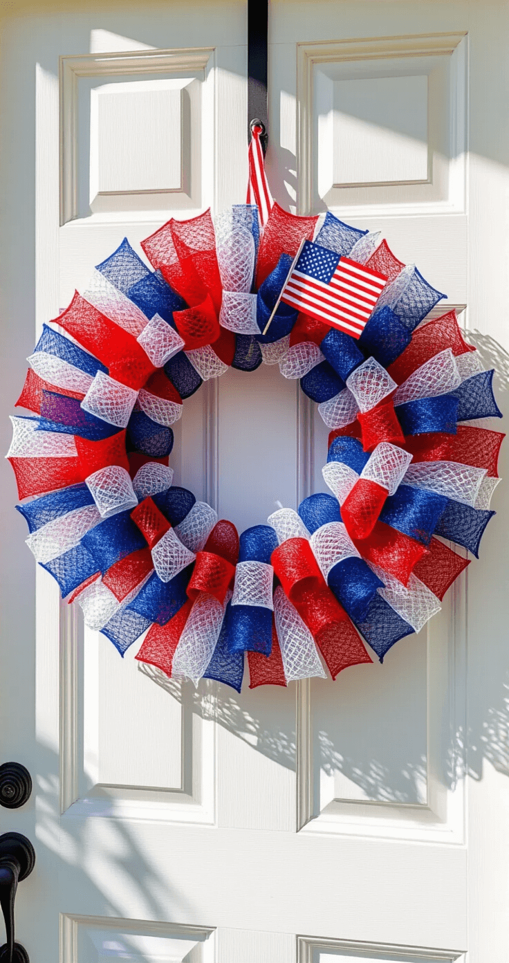Patriotic summer wreath in red, white, and blue deco mesh, hanging on a classic white wooden door, illuminated by natural midday sunlight, with a small American flag element tucked into the design.